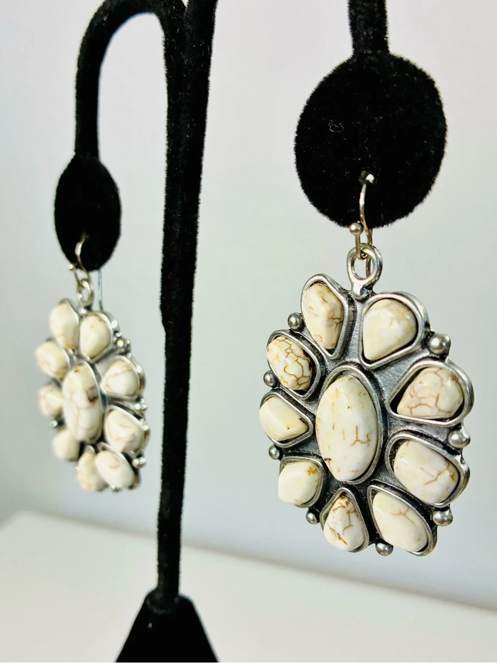Southwestern Cream White Natural Gemstone Floral Cluster Drop Dangling Earrings